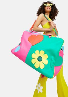 Delias Groovy Colorblock Heart Peace Weekender Bag – Dolls Kill Peace Sign Applique, Date Night Fashion, Night Fashion, Floral Print Crop Top, Baby Tees, Twill Jacket, New Dolls, Denim Patchwork, Twill Pants