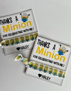 two minion birthday party tags with the words thanks and thank you for celebrating with me