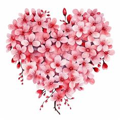 a heart shaped arrangement of pink flowers on a white background with watercolor paint effect