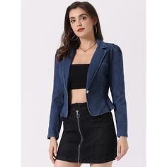 This notched lapel collar adds a stylish and structured element to this denim blazer. This jean jacket features a timeless denim fabric, giving it a classic and versatile look. It elevates the overall look and creates a more tailored and polished appearance. It can be worn over dresses, paired with skirts or pants, or even layered under coats for added warmth. Long Sleeve Jean Jacket, New Years Look, Demin Jacket, Button Long Sleeve, Denim Blazer, Blazer With Jeans, Womens Clothing Sizes, Denim Fabric, Jean Jacket