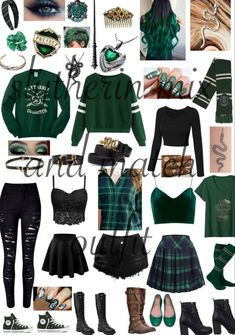 Harry Potter Themed Outfits Slytherin, Green Villain Outfit, Slytherin Style Inspired Outfits, Harry Potter Outfit Ideas Slytherin, Slithering Outfits, Harry Potter Outfits Slytherin, Slytherin Clothes Aesthetic, Slytherin Party Outfit, Slytherin Girl Outfit