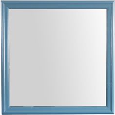 a large blue framed mirror on a white wall with a light blue border around the edges