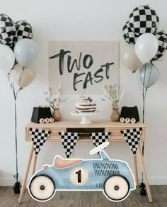 Retro 2 Fast Birthday, Cool 2nd Birthday Ideas, Two Fast Birthday Party Centerpieces, Two Bday Theme, Two Fast Themed Birthday Party, Two Fast Birthday Party Decorations, Racecar 2nd Birthday Party, Growing Up Too Fast Birthday Theme, Two Fast Party Decor