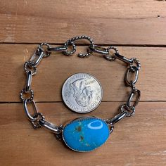 All handmade sterling silver bracelet with Kingman Turquoise center stone Fortuna California, Open Heart Earrings, Coral Earrings, Kingman Turquoise, Lariat Necklace, Sterling Silver Bracelet, Fun Earrings, Braided Leather, Heart Bracelet