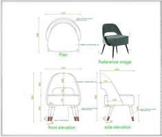 an image of a chair with measurements for the seat and back side elevations on it