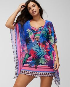 Bleu Rod Hawaiian Punch Chiffon Caftan - Soma Summer V-neck Cover-up With Tropical Print, Short Sleeve Pool Cover-up For Vacation, Multicolor Flowy Cover-up For Beach Party, Floral Print V-neck Cover-up For Vacation, Flowy V-neck Swimwear For Vacation, Beachwear Tunic Cover-up For Vacation, Tropical V-neck Cover-up For Resort Season, V-neck Tropical Print Swimwear For Vacation, Flowy Beachwear Cover-up For Resort Season