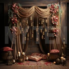 a bed covered in flowers and candles next to a window with drapes on it