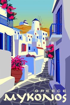 an image of a street scene in mykonos with flowers on the windows and buildings