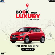 a red car is shown with the words book your luxury car today and get cash now