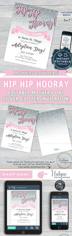 an image of a flyer for a mother's day party with pink and silver glitter