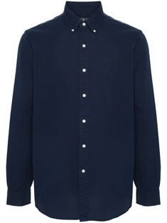 navy blue cotton seersucker texture signature Polo Pony motif pointed flat collar long sleeves buttoned-cuff sleeves curved hem front button fastening Navy Long Sleeve Cotton Shirt, Navy Long Sleeve Business Casual Shirt, Navy Long Sleeve Business Shirt, Navy Long Sleeve Shirt With Button Cuffs, Navy Long Sleeve Shirt With Buttons, Navy Long Sleeve Shirt For Work, Navy Long Sleeve Tops With Button Cuffs, Classic Navy Shirt With Button Closure, Navy Cotton Shirt With Button Cuffs