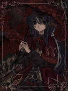 an anime character with long black hair sitting on a bench holding an umbrella in her hand