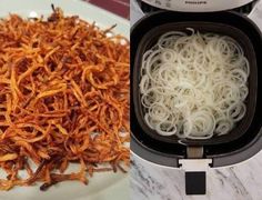 two pictures side by side one with noodles and the other with onions in an air fryer