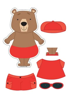 the paper doll is set up to make a bear outfit with sunglasses, hat and sun glasses