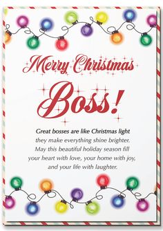 a christmas card with lights on it and the words merry christmas boss written in red