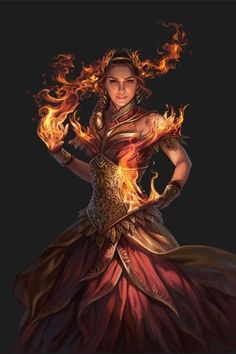 a woman in a dress with flames on her body