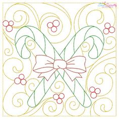 a cross stitch pattern with a bow and berries in the center, on top of a white