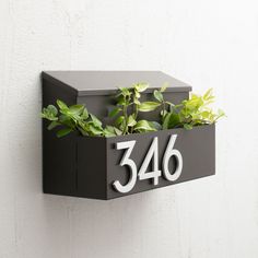 a house number sign mounted to the side of a wall with plants growing in it