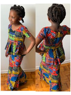 Girls African Print Skirt and Blouse Sets Variety of styles, sizes and prints. Set 1 (Size 12-18 months) African Print Kente Fabric  Blouse is Short sleeved with back zipper  Flared bottom skirt with drawstring adjustable waist  Set 2 (Size 18-24 months) Mustard yellow and royal blue print fabric Short sleeved blouse with front zipper  Flared bottom skirt with drawstring adjustable waist  Set 3 (Size 18-24 months) Green Floral print fabric Short sleeved blouse with back zipper  Flared bottom skirt with drawstring adjustable waist  Set 4 (Size 6T) Diamond Shapes  Short sleeved blouse with back zipper  Flared bottom skirt with drawstring adjustable waist  Set 5 (Size 6T) Royal blue mixed print Short sleeved blouse with back zipper  Flared bottom skirt with drawstring adjustable waist. Set 6 Skirt And Blouse For Kids, Skirt And Blouse Ankara, Latest Ankara Skirt And Blouse Styles, Girls Birthday Outfit, Girls Party Outfits, Girls Gift Ideas, Kids Skirt, Kente Fabric