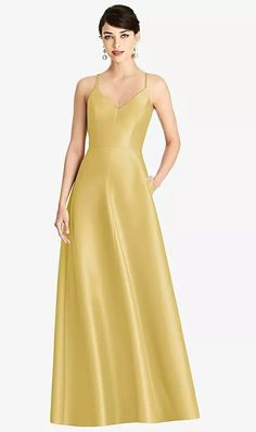 V-neck Full Skirt Satin Maxi Bridesmaid Dress In Maize | The Dessy Group Alfred Sung Bridesmaid Dresses, Twill Dress, Alfred Sung, Infinity Dress, Bridal Party Dresses, Dress Order, Jewel Neckline, Satin Maxi, Satin Maxi Dress