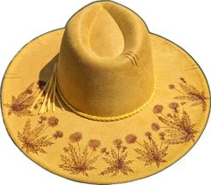 Adjustable Yellow Hat For Country Events, Bohemian Yellow Hat For Festival, Adjustable Yellow Hats For Country Events, Yellow Brimmed Fedora For Kentucky Derby, Yellow Curved Brim Hat For Festival, Yellow Bohemian Hat With Flat Brim, Yellow Festival Hat With Curved Brim, Yellow Western Hat With Short Brim, Handmade Yellow Hat For Festivals