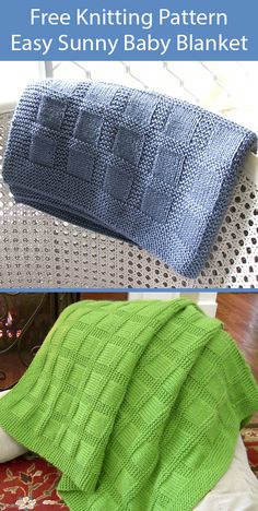 two knitted blankets sitting on top of each other with text overlay that says free knitting pattern easy sunny baby blanket