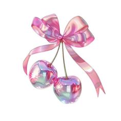 two shiny heart shaped cherries tied together with a pink ribbon on a white background