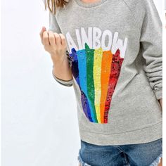 California Rainbow Slim Fit Crew Sweatshirt Create A Cool Look With This California Rainbow Slim Fit Crew Sweatshirt. In A Gray Hue, You'll Love The Rainbow Print On The Front. Featuring Long Sleeves, A Crew Neck And An Elasticated Hemline, You'll Love Grabbing This On The Way Out Before A Busy Day. Features: Slim Fit Ladies Sweat Shirt. Fit: Take Normal Size. Collar: Crew Neck Color: Distressed Grey Long Sleeve Rainbow Pattern Applique On Front. Women's Pullover Sweatshirt, Jumper. Material Casual Long Sleeve Tops With Rainbow Print, Casual Long Sleeve Rainbow Print Tops, Trendy Rainbow Print Long Sleeve Tops, Trendy Long Sleeve Rainbow Print Tops, Casual Rainbow Print Top For Fall, Trendy Long Sleeve Tops With Rainbow Print, Rainbow Letter Print Crew Neck Top, Casual Rainbow Tops With Letter Print, Casual Rainbow Letter Print Top