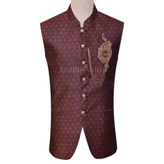 Maroon jamawar waistcoat with embellished motif Elegant Sleeveless Kurta For Transitional Season, Elegant Jamawar Nehru Jacket For Festivals, Festive Wedding Vest With Zari Work, Elegant Embroidered Festive Vest, Festive Fitted Vest With Intricate Embroidery, Elegant Bandhgala With Motifs For Designer Wear, Elegant Sleeveless Kurta With Intricate Embroidery, Fitted Festive Vest With Zari Work, Festive Fitted Vest With Zari Work