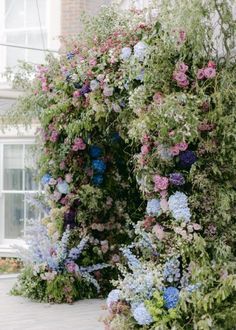 an outdoor area with flowers and plants growing on it