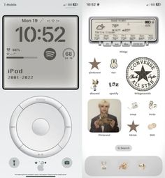 an ipod with various stickers on the screen and in front of it is a clock