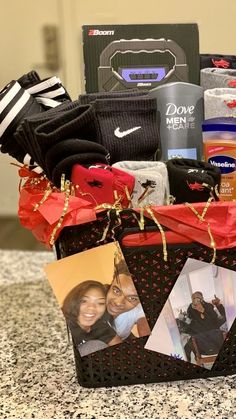 a gift basket filled with personal items on top of a counter