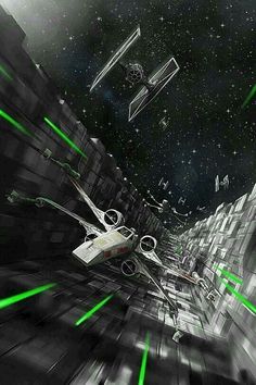 a sci - fi space station with green laser lights