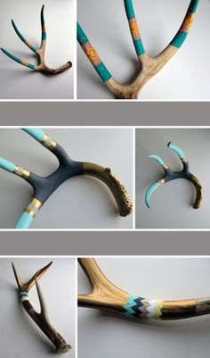 several different types of antlers are shown in this collage, including one with blue handles and the other with gold tips