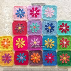 crocheted squares with flowers on them are arranged in the shape of squares