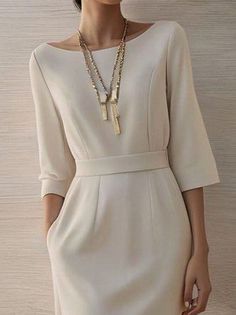 Classic Dresses For Women Classy, Shift Dress Formal, Classic Work Outfits, Grad Outfits, White A Line Dress, Mother Of Bride Outfits, Best Winter Outfits, Three Quarter Sleeve Dresses, Minimalist Wedding Dresses