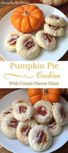 pumpkin pie cookies with cream cheese glaze are on a white plate next to mini pumpkins