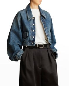 https://media.neimanmarcus.com/f_auto,q_auto:low,ar_4:5,c_fill,dpr_2.0,w_456/01/nm_4335431_100380_m Cropped Denim Jacket Outfit, Cropped Jacket Outfit, Boxy Denim Jacket, Crop Denim Jacket, Denim Jacket Outfit, Oversize Sleeves, Denim Blazer, Cropped Denim Jacket, Denim Jacket Men