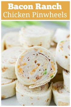 bacon ranch chicken pinwheels stacked on top of each other with text overlay