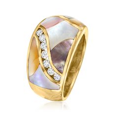 C. 1990 Vintage Asch Grossbardt Multicolored Mother-of-Pearl, .30ct t. w. Diamond Wave Ring Size 6. C. 1990. From our Estate collection comes this wearable work of art from designer Asch Grossbardt, a luxury jeweler known for their stunning inlay designs. This alluring ring features a mosaic of carved multicolored mother-of-pearl in feminine, neutral tones. Finely crafted in polished 14kt yellow gold with a scintillating .30 ct. t. w. round brilliant-cut diamond wave rolling through for a radian Gold Multi-stone Pearl Ring For Anniversary, Luxury Mother Of Pearl Wedding Ring, Anniversary Yellow Gold Multi-stone Pearl Ring, Gold Mother Of Pearl Ring, Luxury Gold Mother Of Pearl Rings, Luxury White Mother Of Pearl Ring, Luxury Flower-shaped Mother Of Pearl Jewelry, Pearl Birthstone, Wave Ring