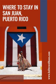 a woman standing in front of a red and white building with the words where to stay in san juan, puerto rico