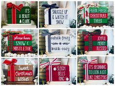 twelve handmade christmas signs with ribbons and bows on them, all decorated in different colors