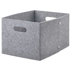 a gray felt storage bin with handles on the front and bottom, shown from the side