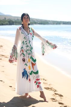 "Beach Wedding Kaftan, Beach Cover Up, Summer Wedding Kaftan So you're off to the beach and you don't want to be caught out by forgetting those essential items! How can you be sure you have everything you need? Well we think you are missing one thing. Try out this long sleeved white beach Dress - it will help you to stay cool on those long hot days on the sand, and it's a garment you can wear anytime, anywhere. The dress comes fully Lined. Fit for beach weddings, lounging in a resort or just abo Big Sleeves Dress, Wedding Kaftan, White Beach Dress, Long Sleeve Embroidered Dress, Beach White Dress, Long Sleeve Boho Dress, Caught Out, Big Sleeves, Hippie Wedding