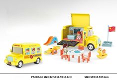 a yellow toy truck with children's furniture and play set in front of it