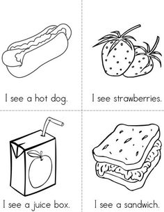 printable worksheet for kids to learn how to say i see a hot dog, i see strawberries, and i see a juice box