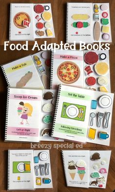 the food adapted books are arranged on top of each other