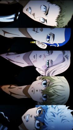 three anime characters with different facial expressions in the same image, one is staring at the camera