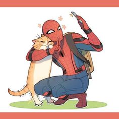 a man in a spider - man suit hugging a cat with his arm around him