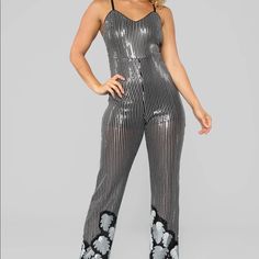 Sequin Jumpsuit Adjustable Straps Removalble/Multi Way Straps Invisible Zipper Closure Padded Bra Moderate Stretch 34" Inseam Self/ Lining 100% Polyester Chic Sequined Jumpsuits And Rompers For Summer, Chic Sequined Summer Jumpsuits And Rompers, Spring Sequin Jumpsuits And Rompers For Night Out, Spring Party Overalls, Trendy Party Overall Jumpsuits And Rompers, Summer Sequin Stretch Jumpsuits And Rompers, Summer Stretch Sequined Jumpsuits And Rompers, Fitted Sequin Jumpsuits And Rompers For Summer, Silver Sequin Jumpsuit